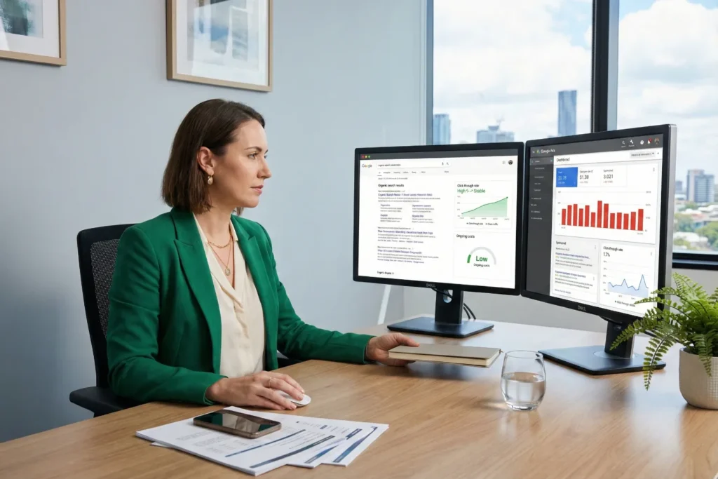 A female marketing consultant sits at a wooden desk in a bright office while comparing SEO vs Google Ads on two computer monitors. One screen shows strong organic click-through rates and steady growth, and the other displays paid ad costs and sponsored listings.