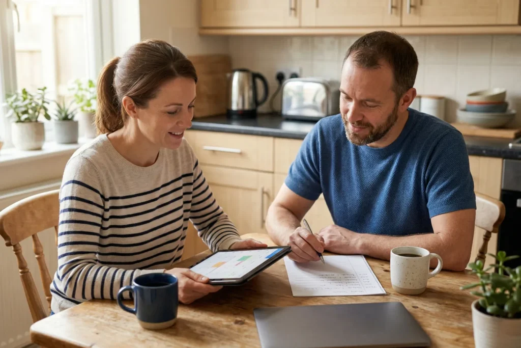 A husband and wife plan content marketing ideas together at a kitchen table using a tablet and paper schedule. The space looks warm and comfortable with a home setting.