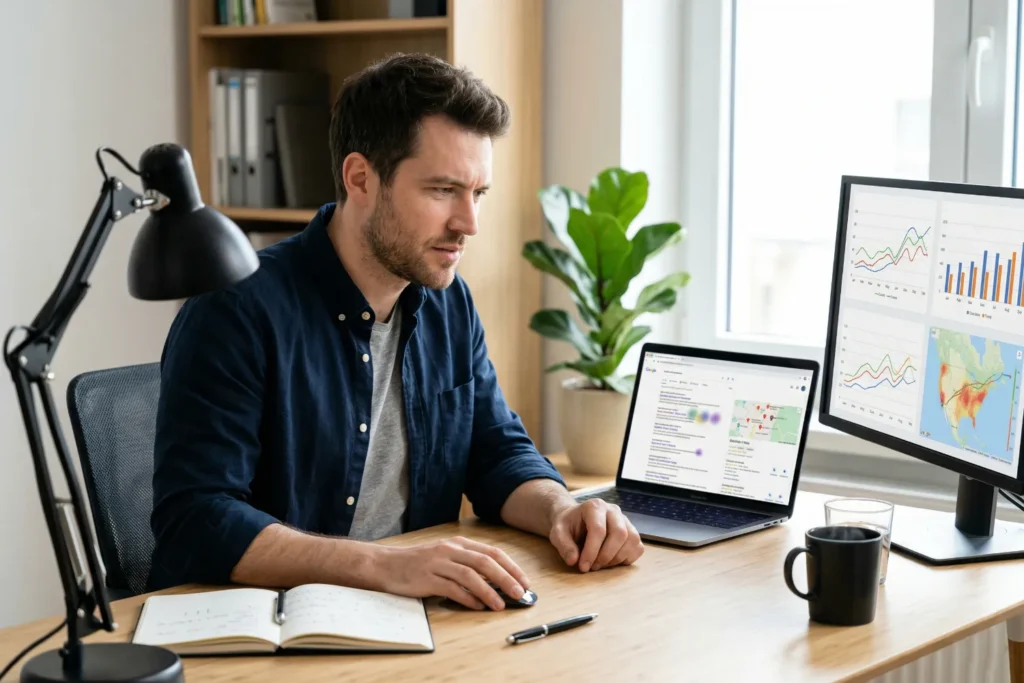 A man sits at a desk and reviews local search data while working on content marketing ideas. The workspace includes a laptop, monitor, and natural light from a window.